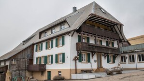 A traditional building with a sloped roof, multiple windows with shutters, and a balcony. - Apartment 'Landliebe' with Mountain View, Shared Terrace, and Wi-Fi (Münstertal)