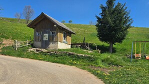 A rustic wooden cabin with a sloped roof, a swing set, and a clear blue sky. - Apartment 'Landliebe' with Mountain View, Shared Terrace, and Wi-Fi (Münstertal)