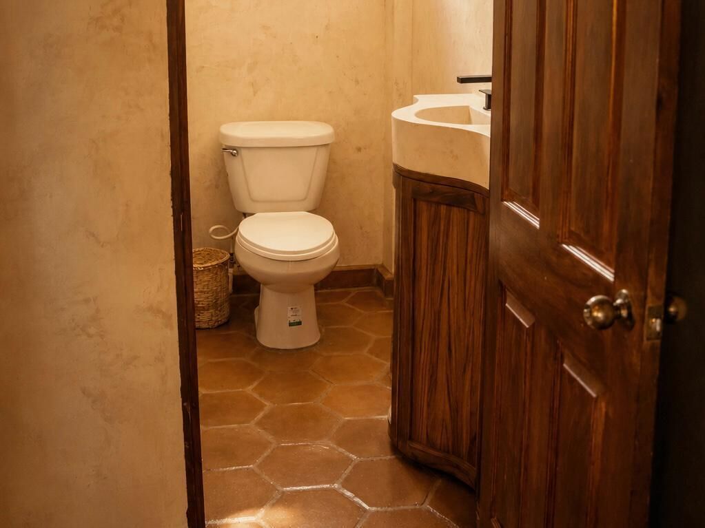 Une salle de bain avec des toilettes, un lavabo et une porte en bois.