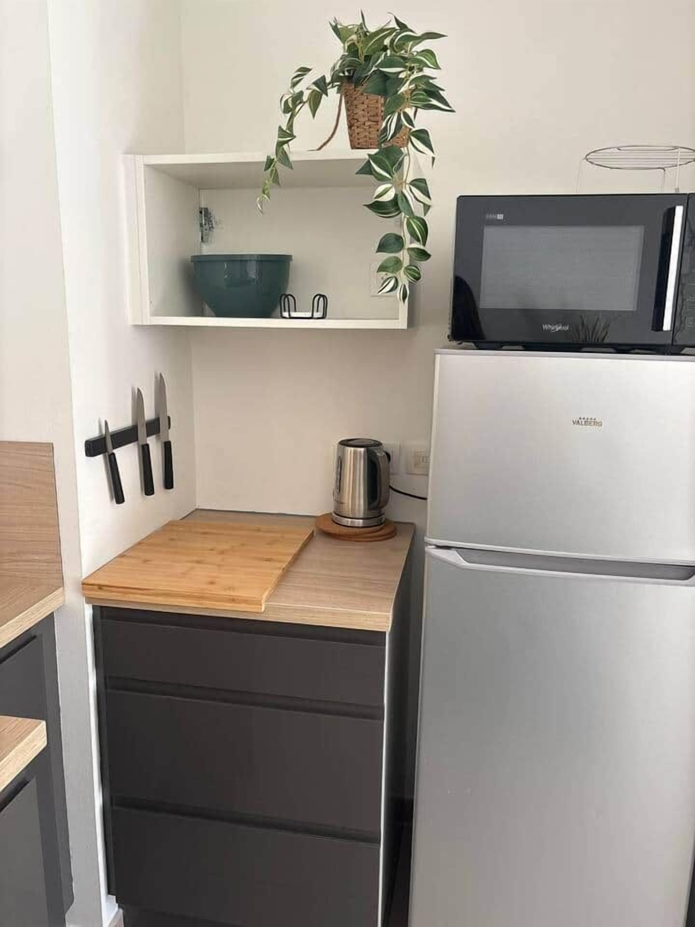 A compact kitchen with a microwave, a stainless steel refrigerator, a wooden countertop, a hanging plant, and a shelf with a bowl and utensils.