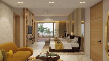 Suite, 2 Bedrooms, Balcony, Sea View | Living area | 55-inch flat-screen TV with satellite channels, DVD player, pay films