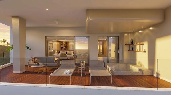 A modern interior with a wooden deck, a seating area with a table, and a view of the ocean. - Garza Blanca Sanctuary (Puerto Vallarta)