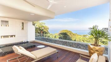 A modern balcony with a wooden floor, a lounge chair, a small table, and a large potted plant.