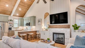 Smart TV, fireplace, books