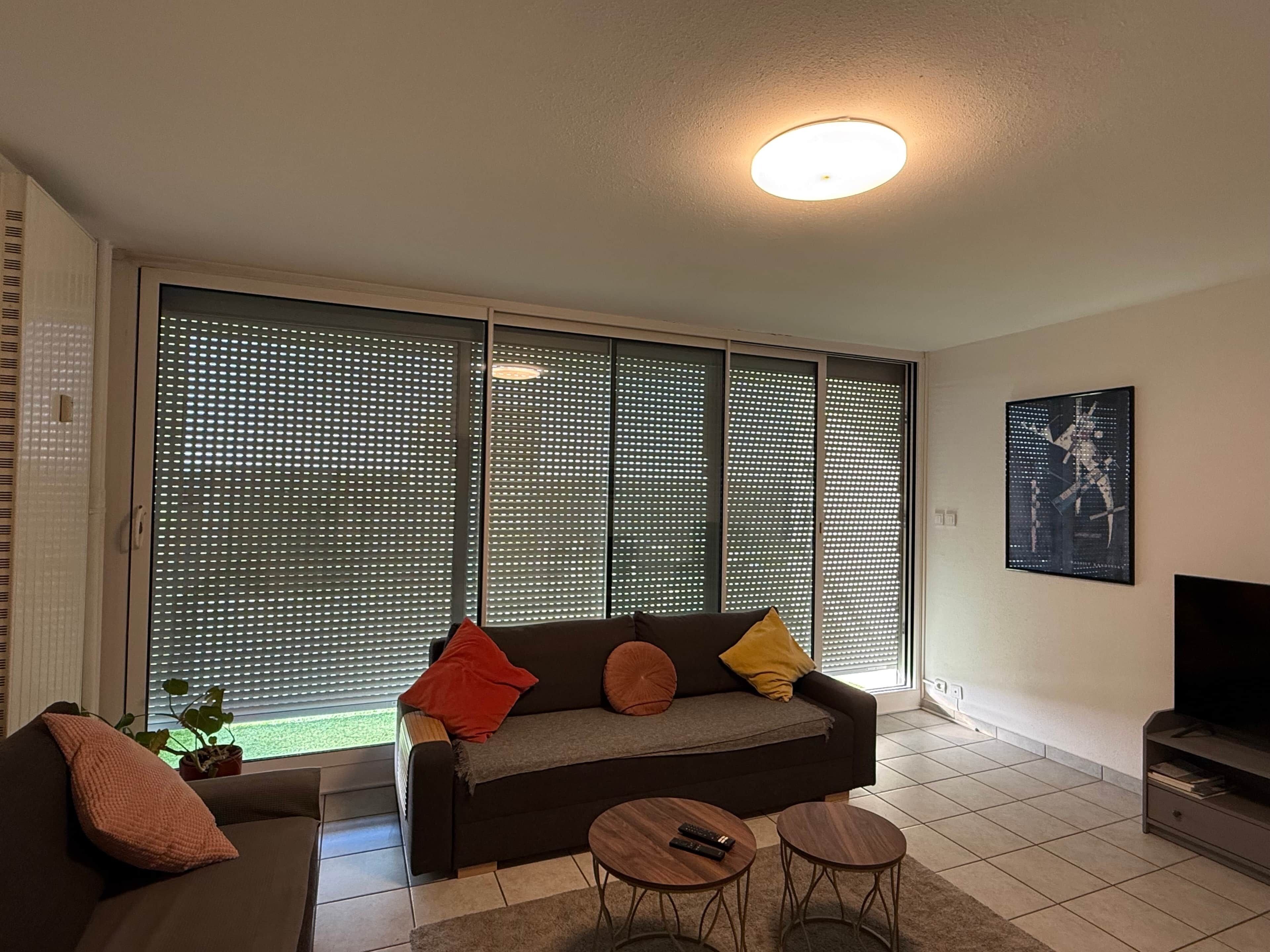 A living room with a sofa, two small tables, a TV, and a large window with blinds.