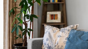 Ein Wohnzimmer mit grauem Sofa, einem blauen Kissen, einem Holzregal, einer Topfpflanze und einem Fenster mit Vorhängen.
