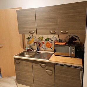 Kühlschrank, Mikrowelle, Herdplatte, Wasserkocher mit Kaffee-/Teezubehör