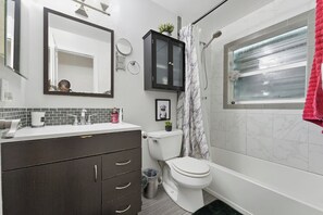 Hair dryer, towels, soap, shampoo