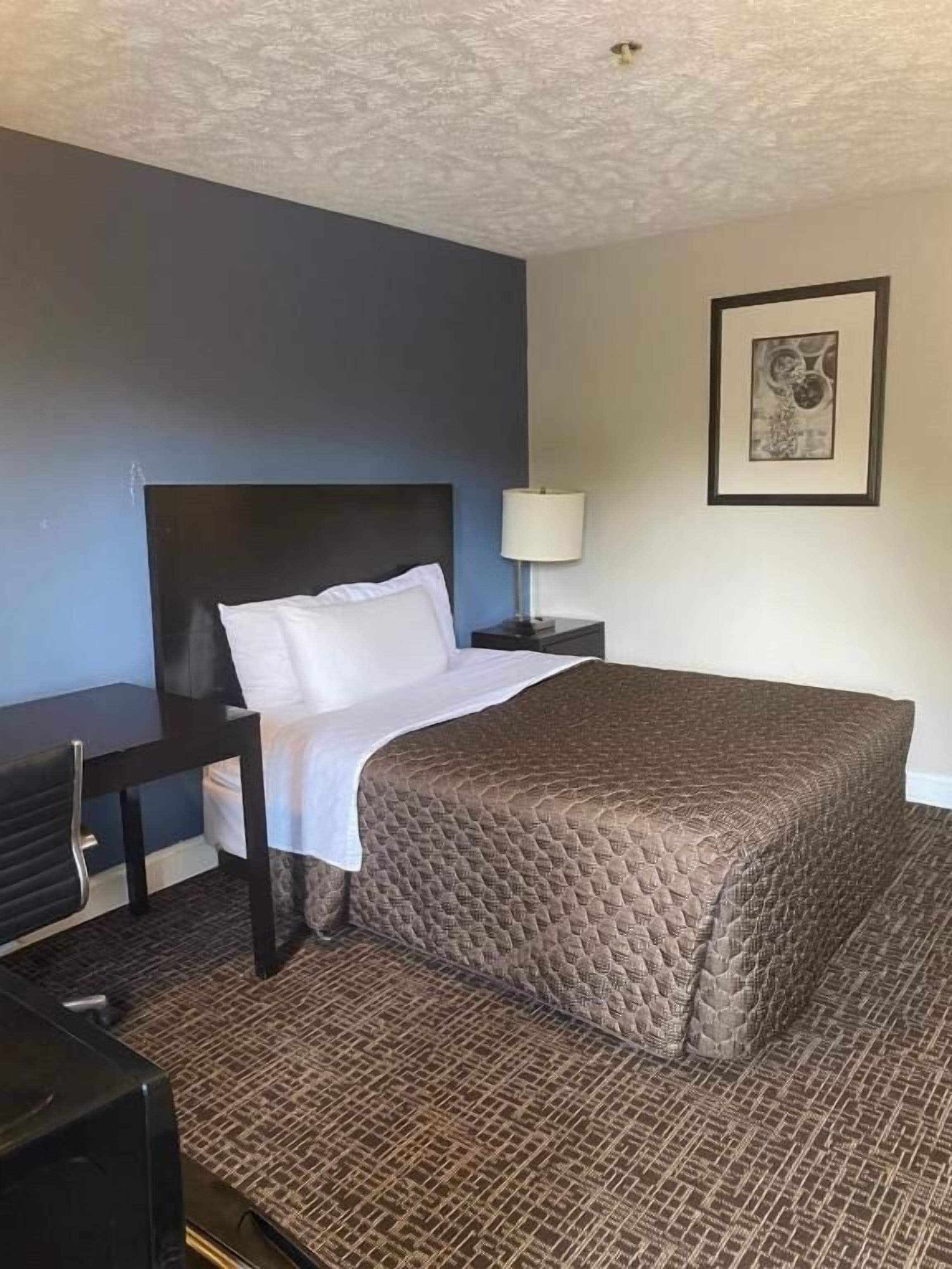 A hotel room with a bed, a desk, a chair, a lamp, and a framed picture on the wall.