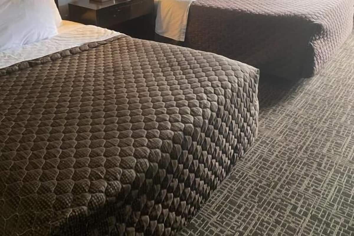 A hotel room with two beds, a nightstand with a lamp, a window with curtains, and a framed picture on the wall.