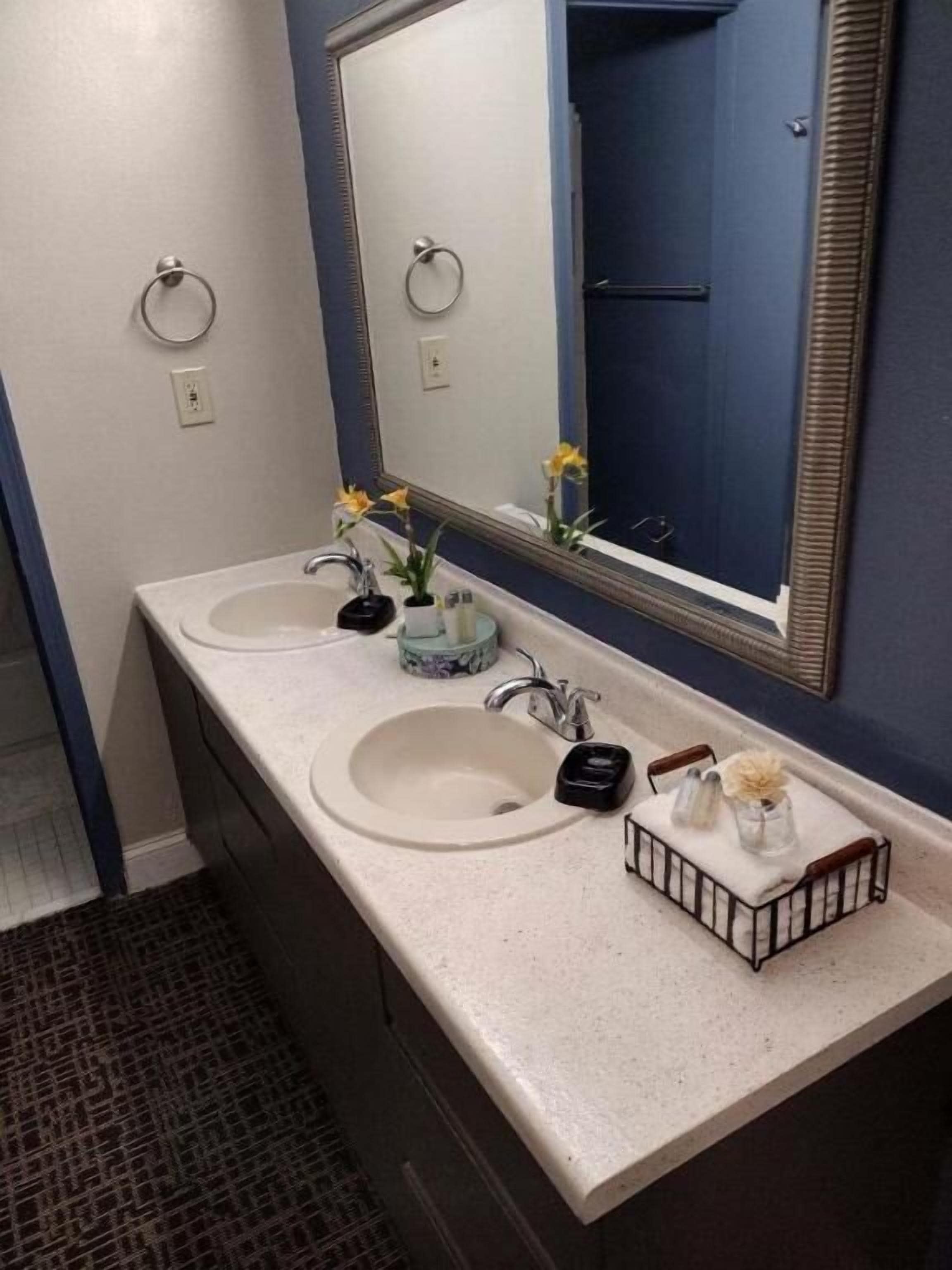 Un baño con dos lavamanos, un espejo grande y un jarrón con flores en la encimera.