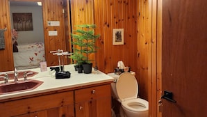Un baño con paneles de madera, un lavamanos, un espejo y un inodoro.