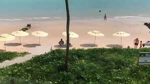 A beach with umbrellas and a palm tree. - Flat pé na areia 406 Branco Haus  (João Pessoa)