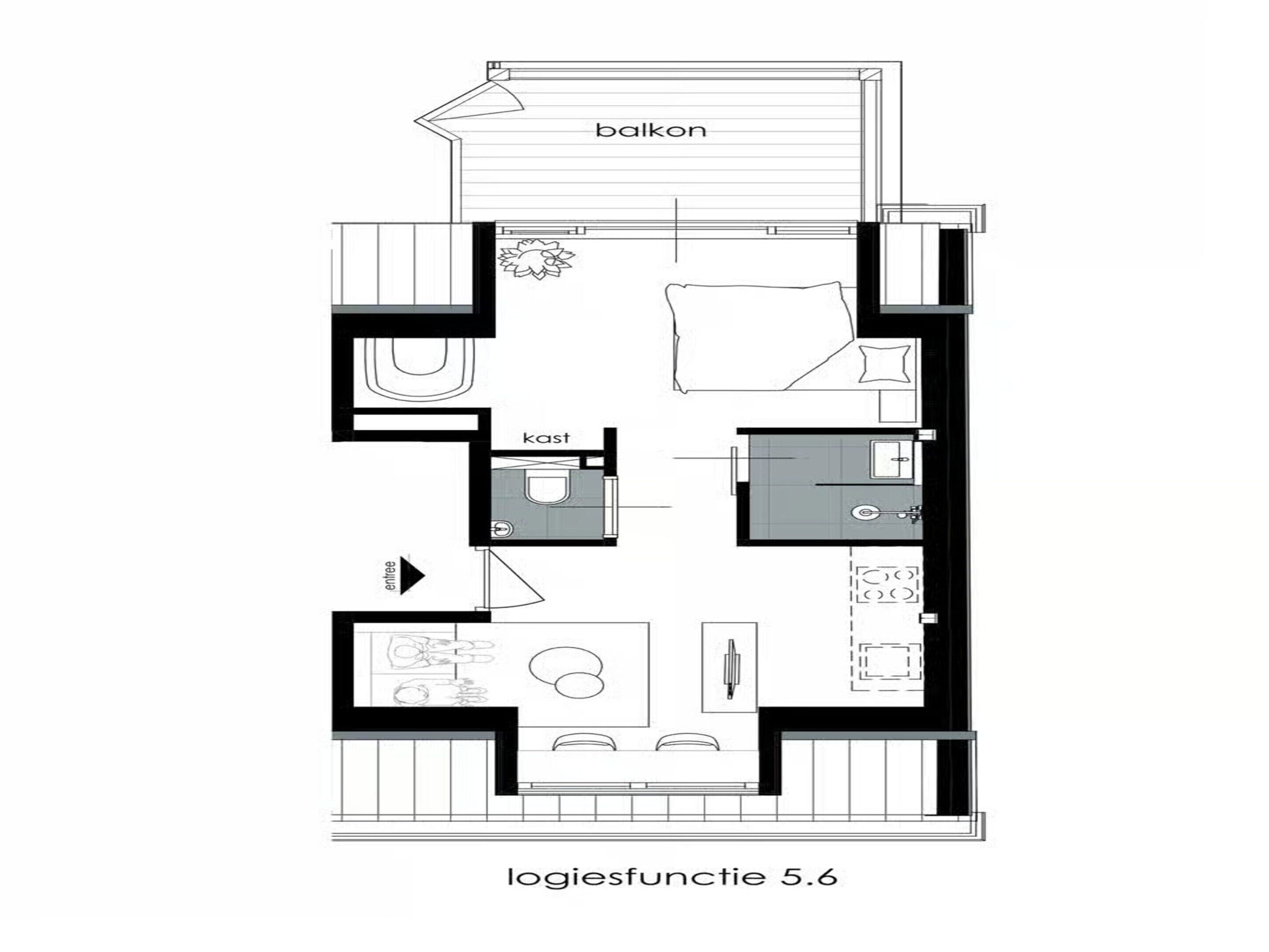 A floor plan of a logiesfunctie 5.6 apartment with a balcony, a kitchen, a bathroom, and a living area.