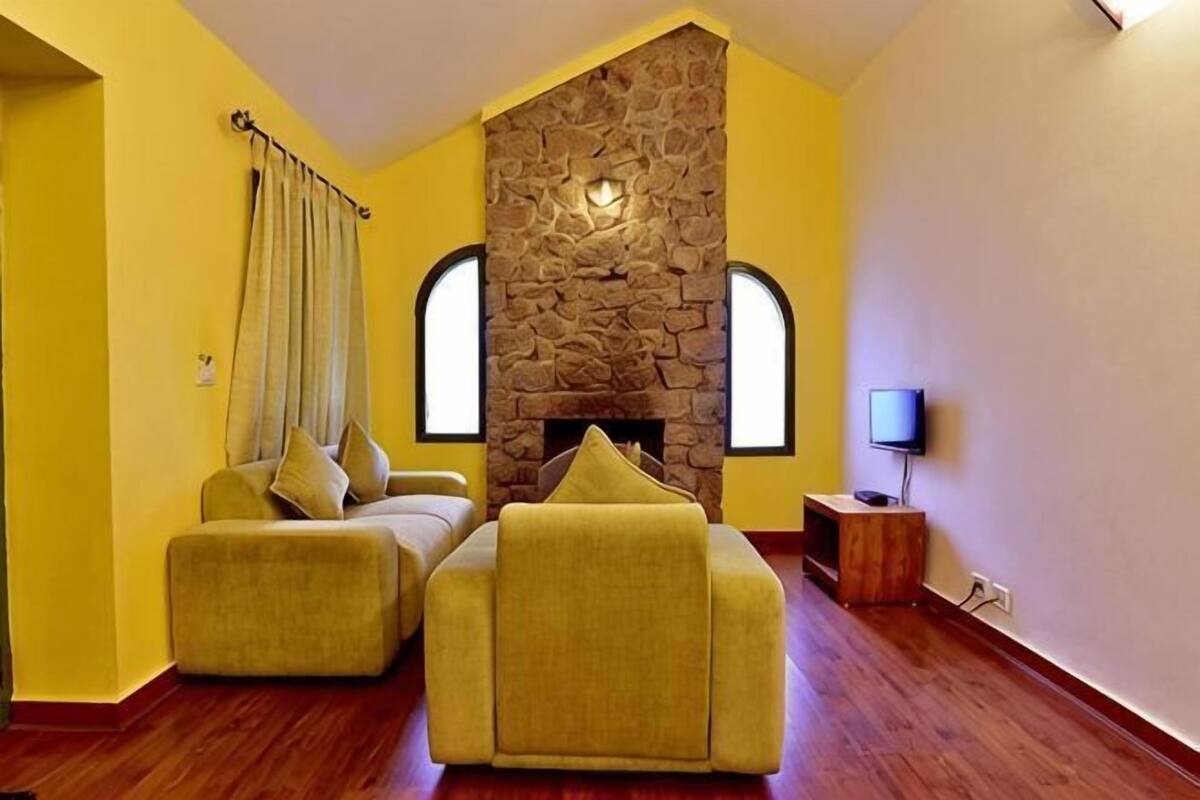 Una habitación con dos sofás, una chimenea de piedra y un televisor sobre una mesita de madera.