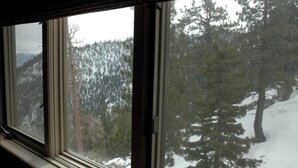 A window with a view of a snowy forest. - Ring in 2026 in South Lake Tahoe in a large, cozy 2 bedroom suite (Stateline)