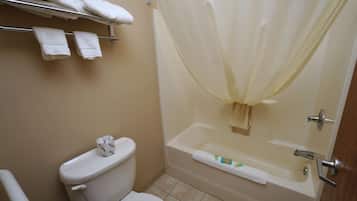 Hair dryer, towels, soap, shampoo