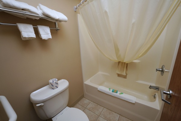 Hair dryer, towels, soap, shampoo