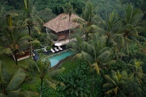 A bungalow with a thatched roof, surrounded by dense palm trees and a swimming pool. - Villa Inka Ubud by Nakula (Bali)