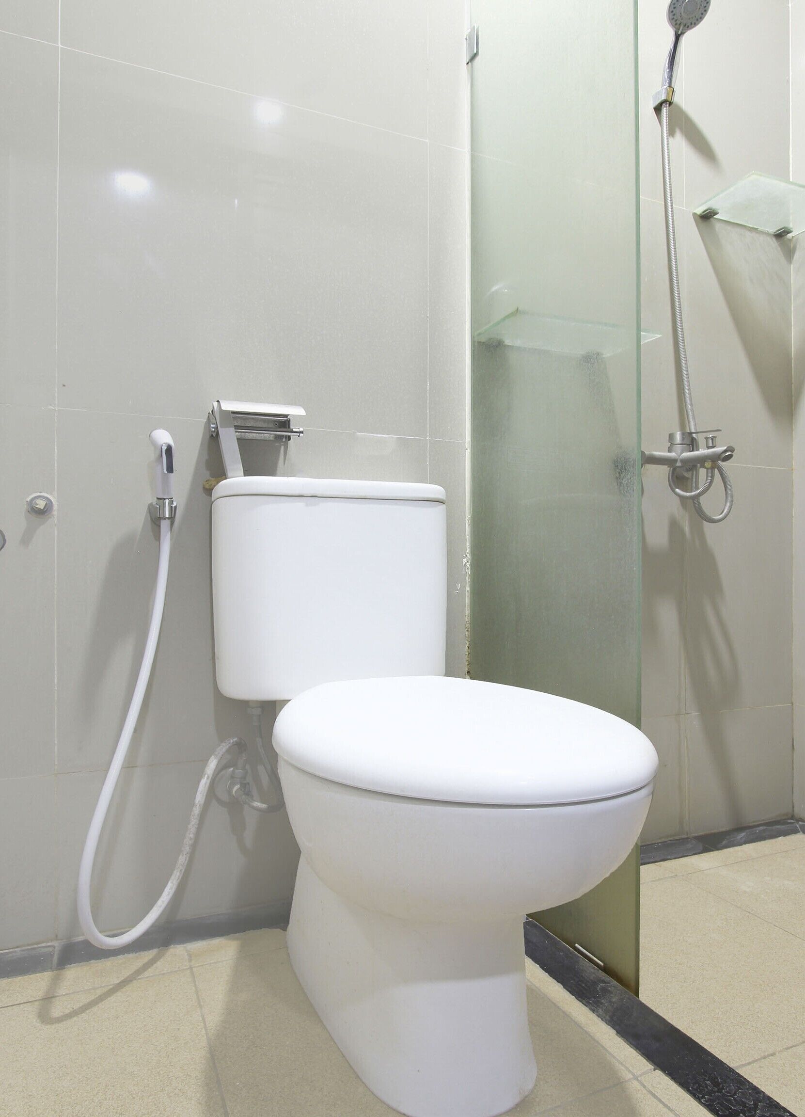 A bathroom with a white toilet, a glass shower enclosure, and a visible shower hose.