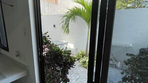 A view through a window of a courtyard with a palm tree, a white wall, and a covered area. - Lavish Studio w Kitchen Downtown 1 (Isla Mujeres)