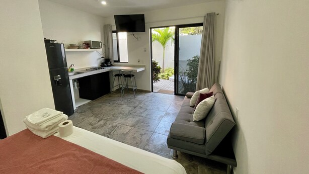 A compact hotel room with a kitchenette, a sofa, a bed, and a sliding glass door leading to a balcony. - Lavish Studio w Kitchen Downtown 1 (Isla Mujeres)