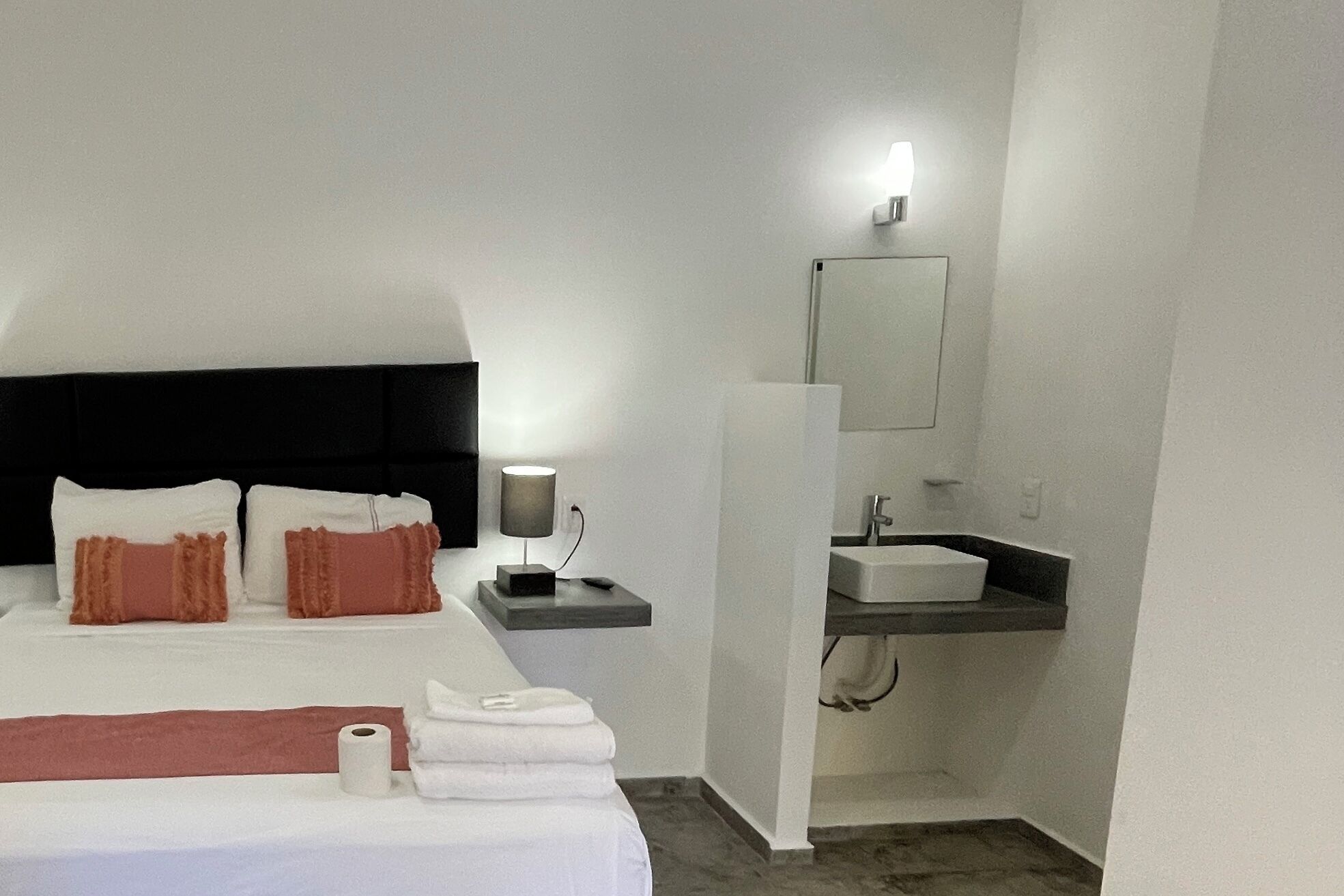 Una habitación de hotel con una cama, una mesita de noche con lámpara, un espejo y un lavabo.