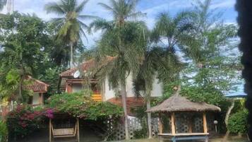 A pool area with a gazebo, palm trees, and a house with a thatched roof.