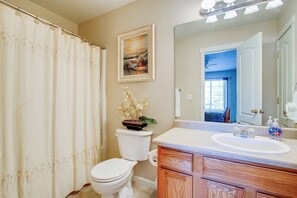 A bathroom with a toilet, sink, and mirror. There is a painting on the wall and a plant on the sink. - Pet Friendly Home Near Peterson AFB (Colorado Springs)