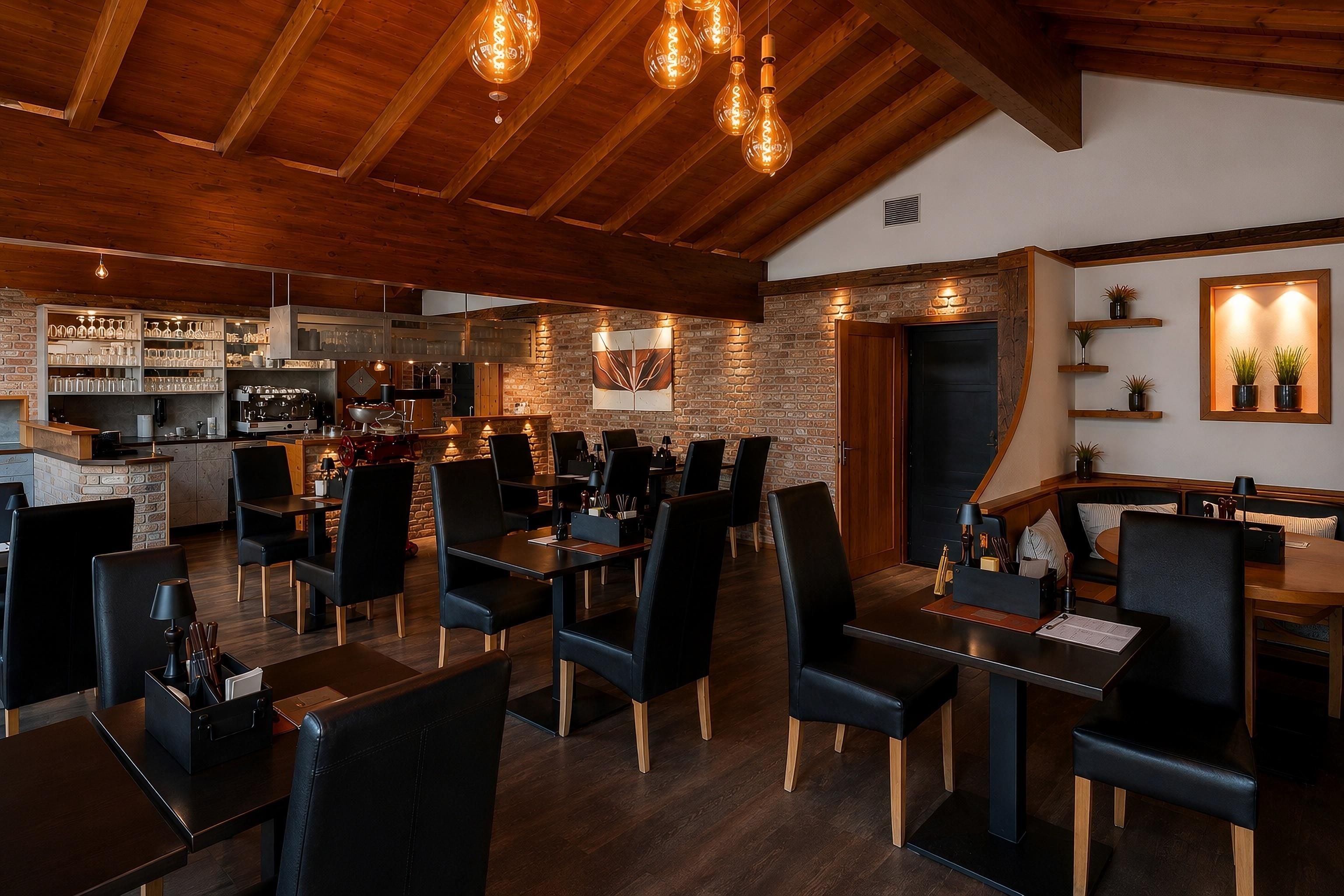 A restaurant with wooden beams, brick walls, and black leather chairs.
