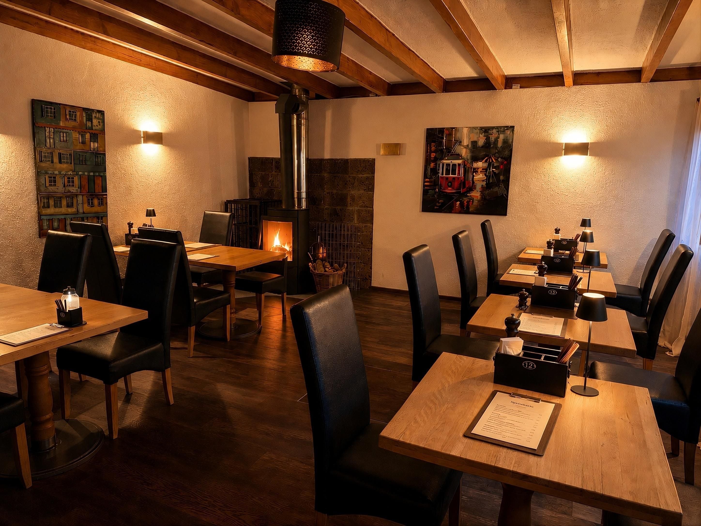 A restaurant interior with wooden tables and chairs, a fireplace, and wall-mounted lighting.