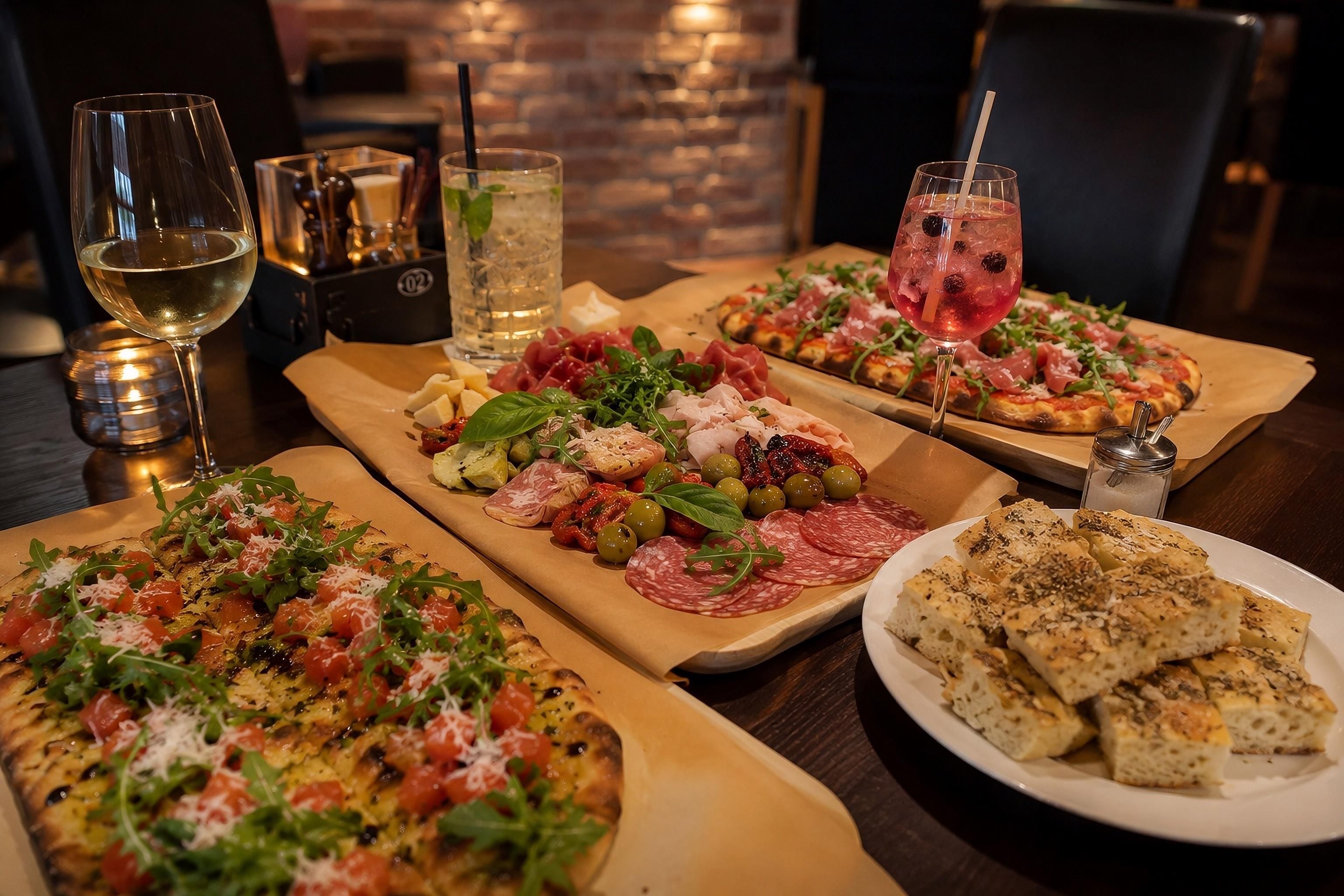 Une table garnie de divers aliments et boissons, notamment des pizzas, de la charcuterie et un verre de vin blanc.