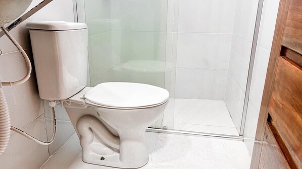 A white toilet with a tank, a shower enclosure, and a wooden door.