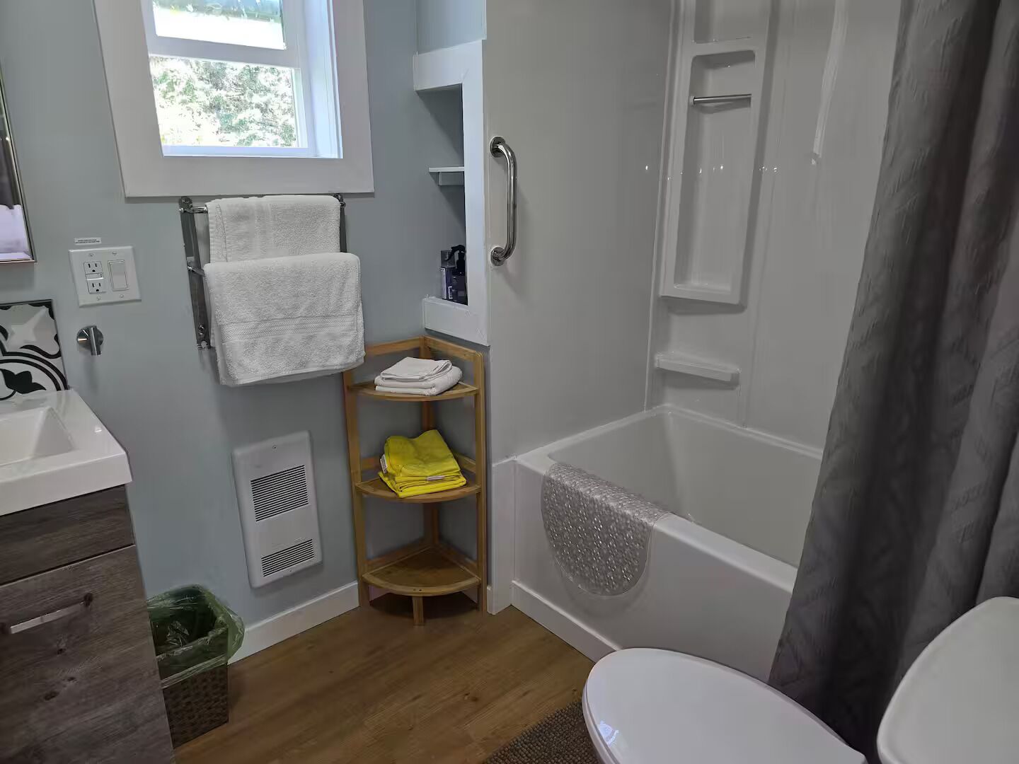 Hair dryer, towels, soap, shampoo