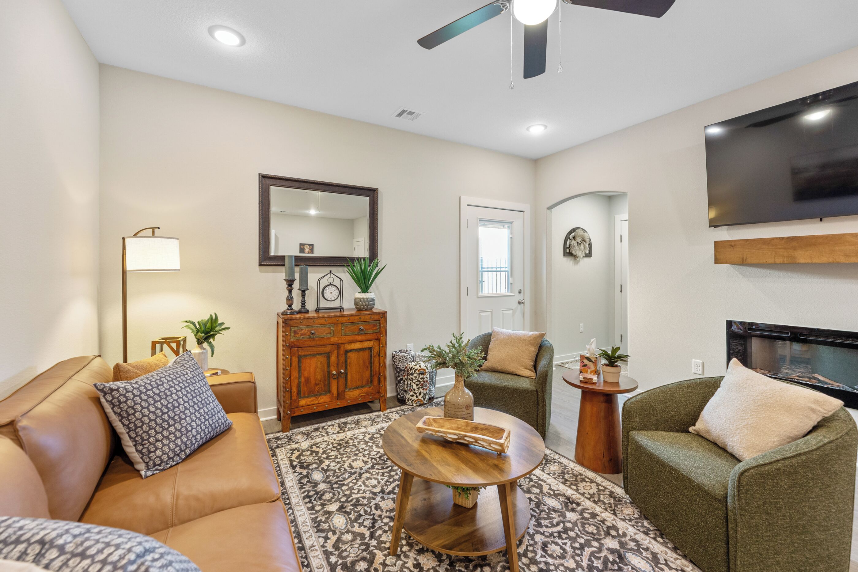 Smart TV, fireplace, books