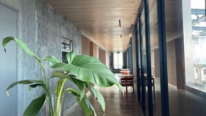Un pasillo con techo de madera, ventanas amplias y una planta en un florero de vidrio.