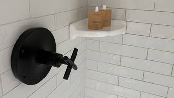 Hair dryer, towels, soap, toilet paper