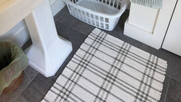 Hair dryer, towels, soap, toilet paper