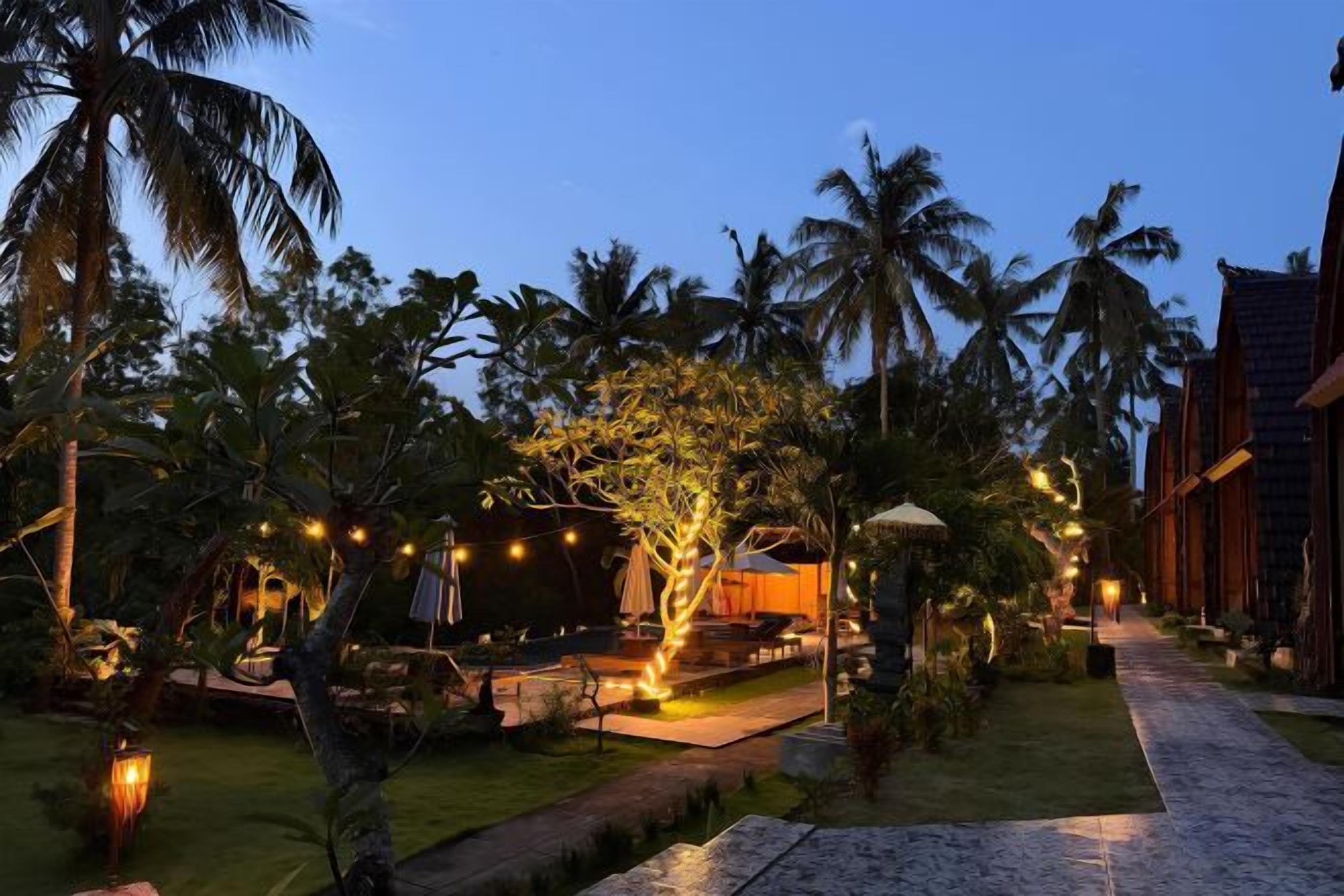Un resort tropical con un camino pavimentado, palmeras y luces colgantes.