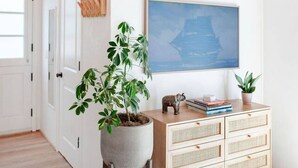 Una habitación con techo de madera, un ventanal grande, una planta en maceta, un aparador de madera y un cuadro en la pared.