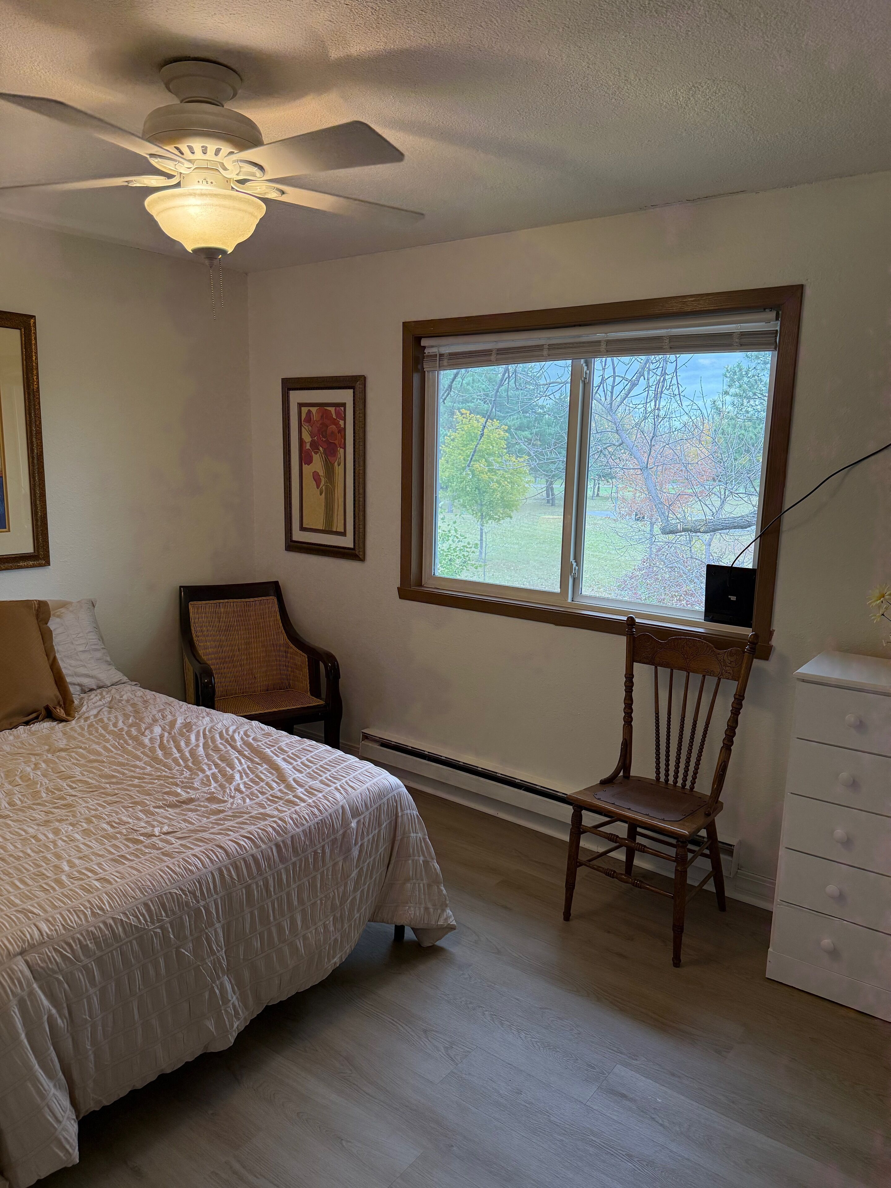 A bedroom with a bed, a chair, a dresser, and a window with a view of trees.