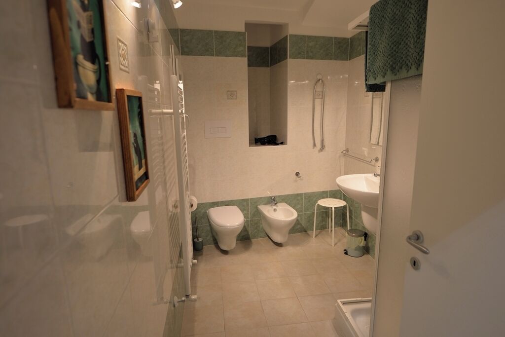 Een douche, een haardroger, een bidet, handdoeken