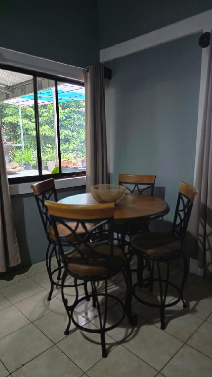 A dining area with a round table and four chairs, a window with curtains, and a view of greenery outside.