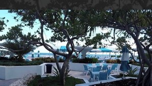 An outdoor seating area with tables and chairs, surrounded by trees and a view of the sea. - private balcony ON THE BEACH with pool 24hr front desk parking spot laundry gym (Hallandale Beach)