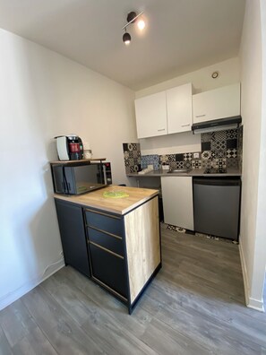 Réfrigérateur, micro-ondes, plaque de cuisson, bouilloire électrique