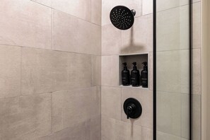 Hair dryer, towels, soap, shampoo