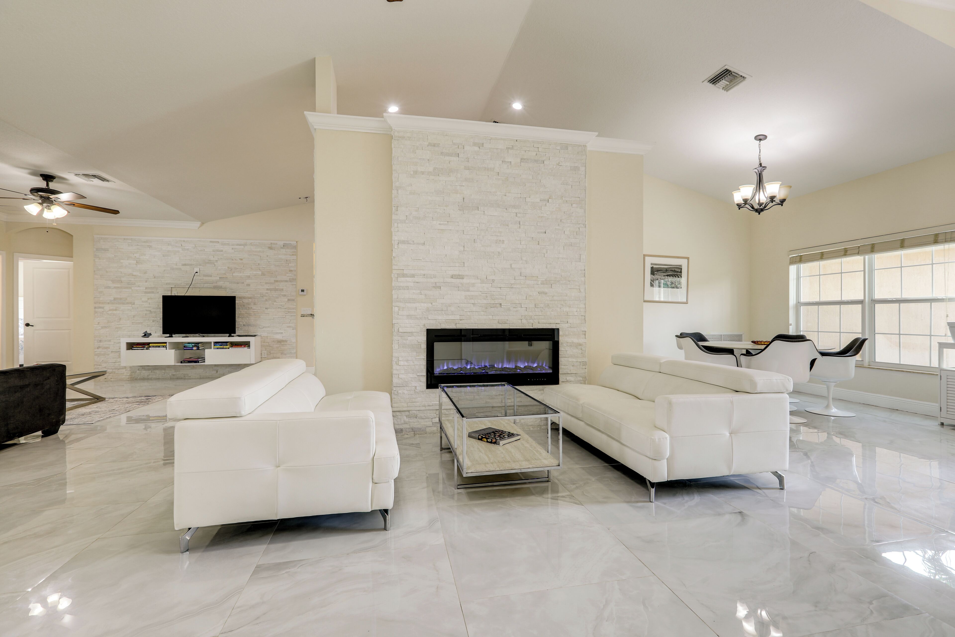 TV, fireplace, books