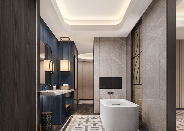 King Presidential Suite | Bathroom | Rainfall showerhead, free toiletries, hair dryer, slippers - Hilton Guangzhou Baiyun Airport (Guangzhou)