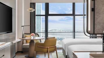 Minibar, desk, laptop workspace, blackout curtains