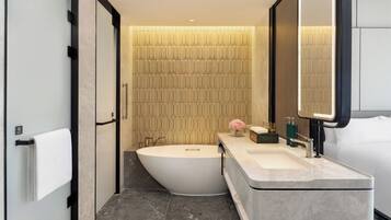 Rainfall showerhead, hair dryer, bathrobes, slippers
